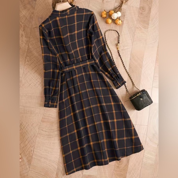 NWOT Navy and Orange Plaid Midi Dress with Belt, Multiple Sizes - Picture 3 of 11